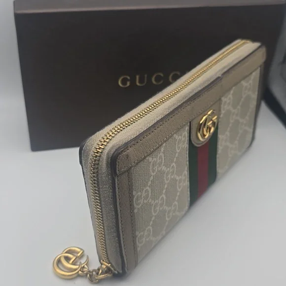 Gucci Ophidia GG Beige W/ Green & Red Sherry Zip Around Long Wallet (EUC)(COA)✨️ - Picture 5 of 15